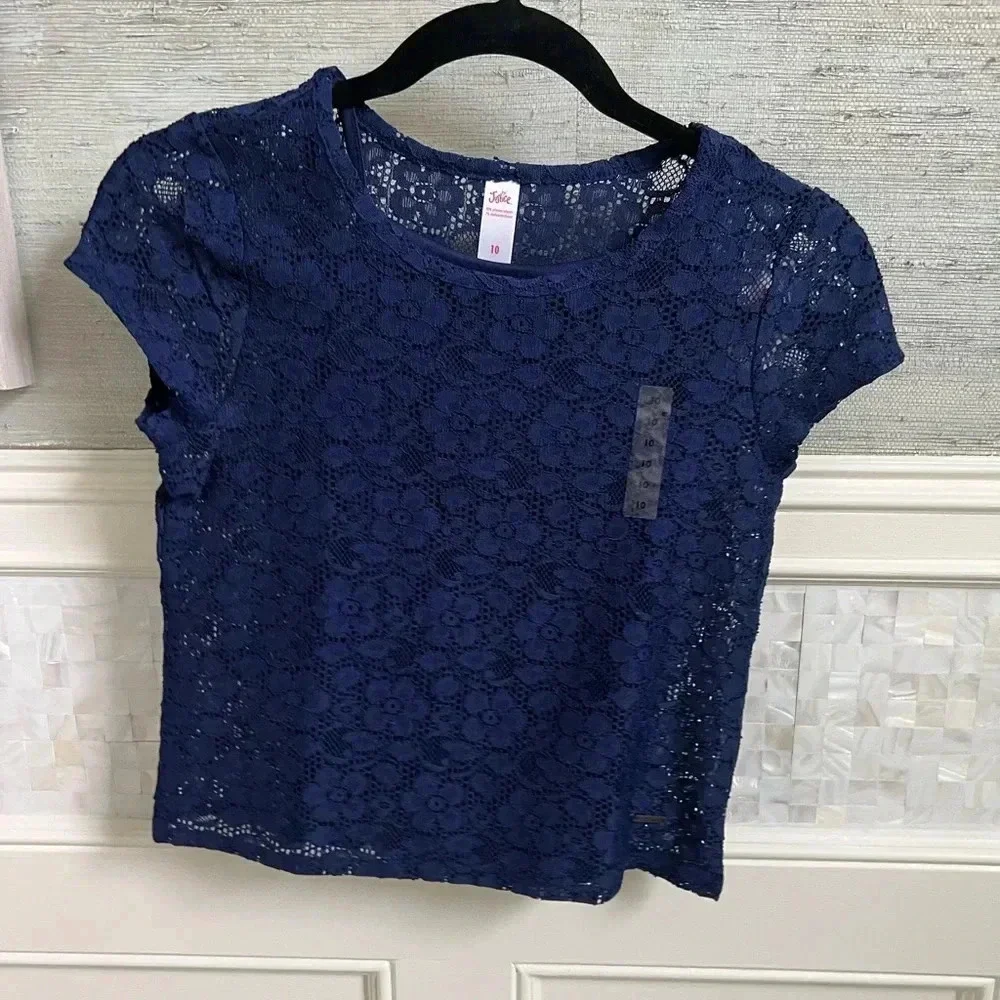 NWT new justice navy blue girls lace short sleeve top with attached cami 10